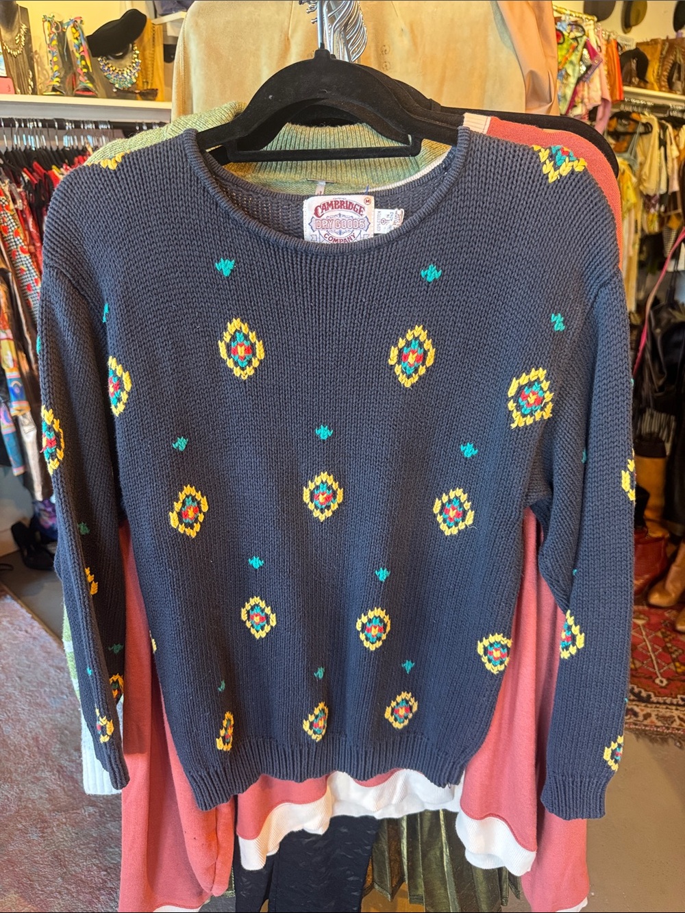 Cambridge Dry Goods Navy Sweater with Yellow, Teal & Red Embroidery